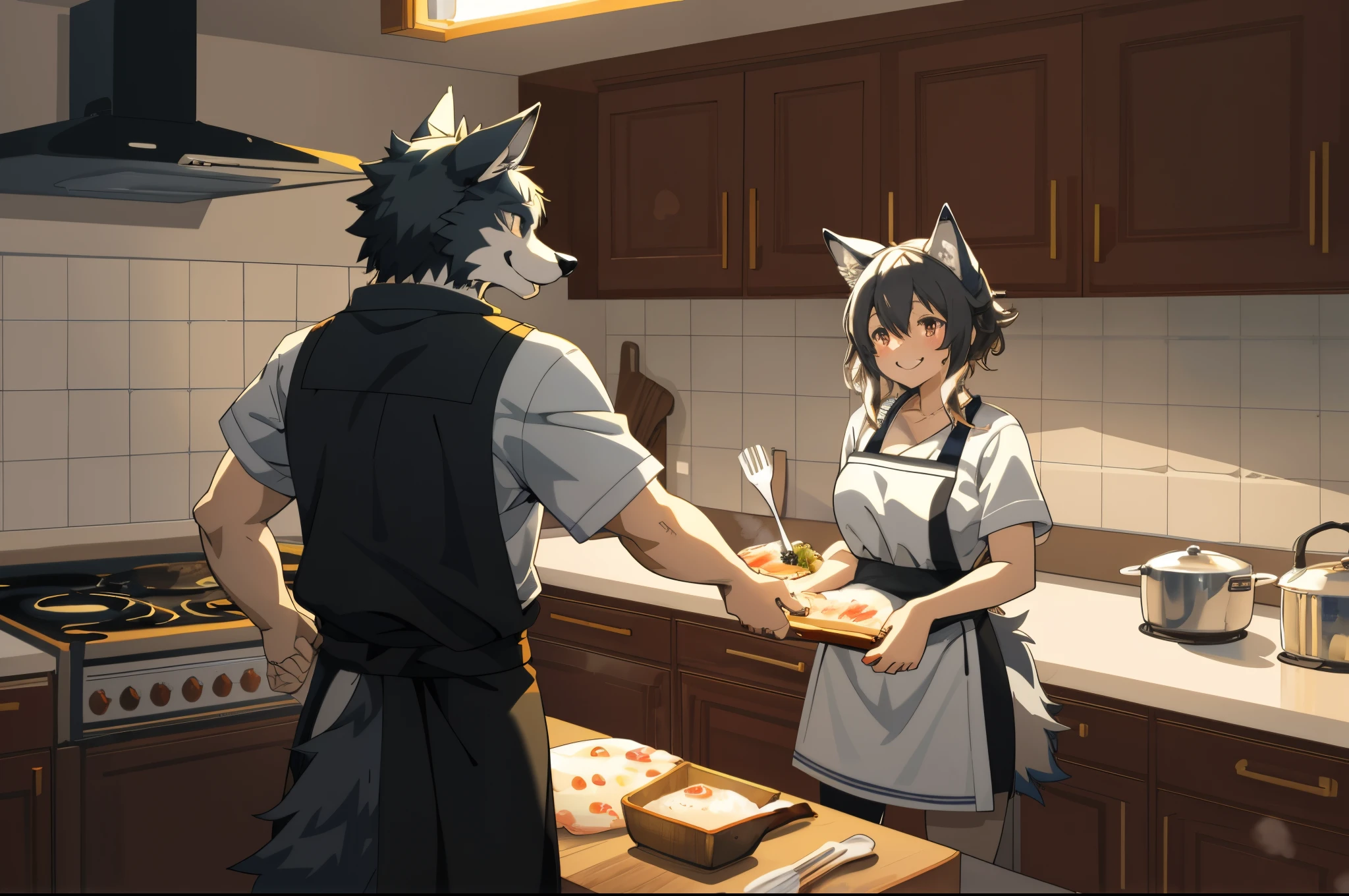 cover page, anime key visual, highres, top quality, best quality, paid reward available, High-quality illustrations, unparalleled masterpiece, perfect artwork, absurdres(home video, housekeeper girl, cooking, wolf husband)kitchen, smile, happy, perfect anatomy, fan-created work shared on platforms Pixiv or Twitter, cinematic lighting,