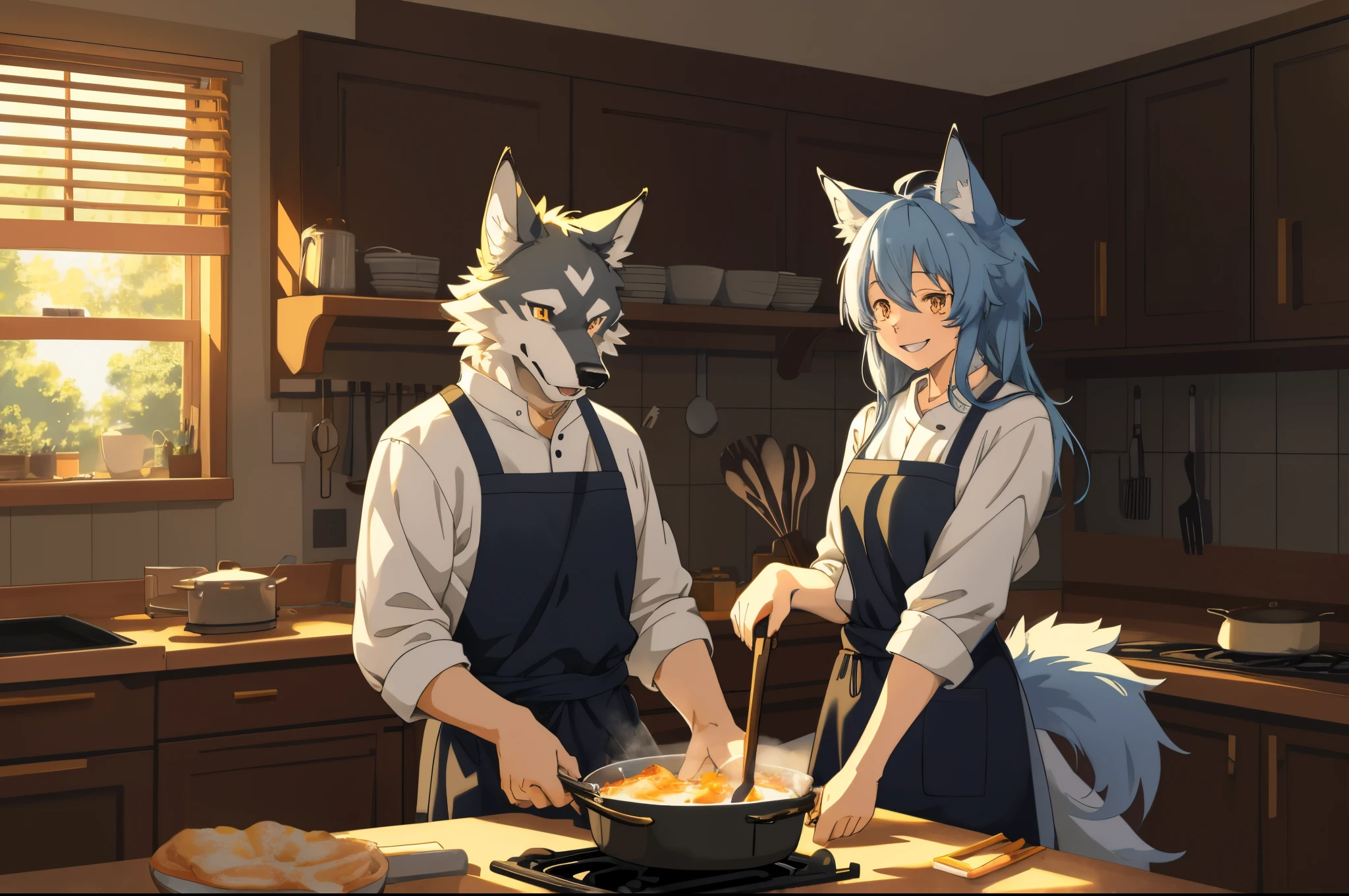 cover page, anime key visual, highres, top quality, best quality, paid reward available, High-quality illustrations, unparalleled masterpiece, perfect artwork, absurdres(home video, housekeeper girl, cooking, wolf husband)kitchen, smile, happy, perfect anatomy, fan-created work shared on platforms Pixiv or Twitter, cinematic lighting,