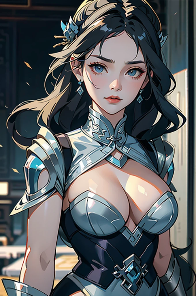 close up shot of a woman in a silver and blue dress, silver armor, large breasts, cleavage, chengwei pan on artstation, by Yang J, detailed fantasy art, stunning character art