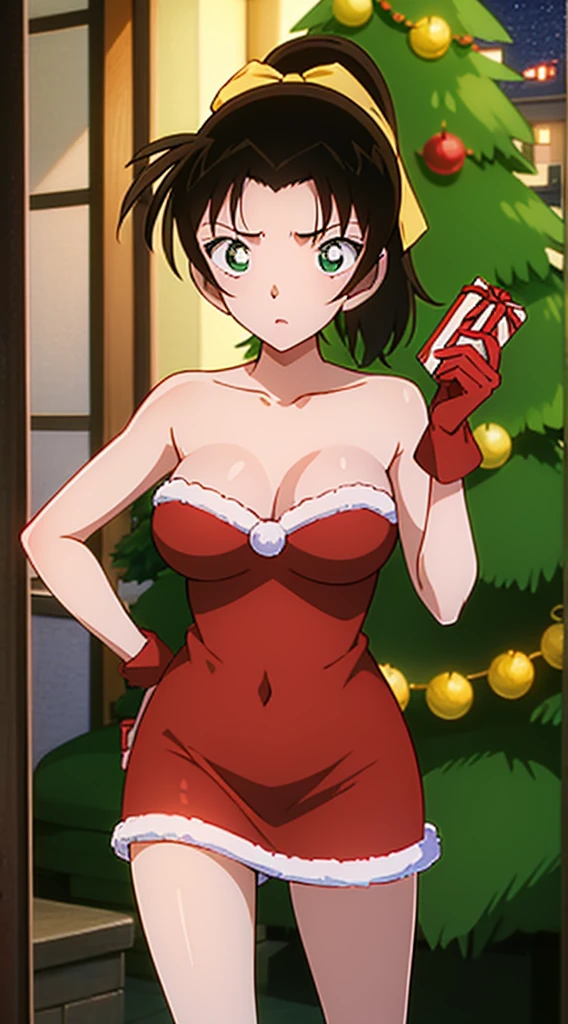 masterpiece, best quality, 1 solo girl, black hair, green eyes, long hair, wavy hair, Christmas ornaments, medium breasts, mature body and face, red christmas dress, christmas, christmas light, christmas tree, red gloves, red santa skirt, holding gift, red bra, red panty, leg up, cowboy shots, sexy pose, dakimakura, detailed body, face, and eyes, sharp focus, vibrant, creative, dynamic, high definition, high resolution, 8k, (Upscale: R-ESRGAN 4x+ Anime6B), (Image enchance:4x), voluptuous body, ponytail