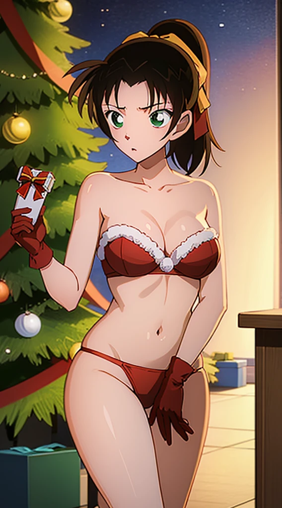 masterpiece, best quality, 1 solo girl, black hair, green eyes, long hair, wavy hair, Christmas ornaments, medium breasts, mature body and face, red christmas dress, christmas, christmas light, christmas tree, red gloves, red santa skirt, holding gift, red bra, red panty, leg up, cowboy shots, sexy pose, dakimakura, detailed body, face, and eyes, sharp focus, vibrant, creative, dynamic, high definition, high resolution, 8k, (Upscale: R-ESRGAN 4x+ Anime6B), (Image enchance:4x), voluptuous body, ponytail