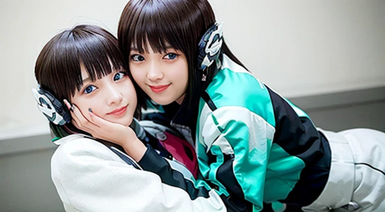 two beautiful young women hugging each other in a studio shot stock photo, two girls, two beautiful women in love, woman holding another woman, beautiful gemini twins portrait, lesbian embrace, cute girls, lesbians, two women, two models in the frame, portrait of women embracing, beautiful gemini twins, young girls, 2girl, twin, hug each other, two same girl, selfcest, twins, izu, humagear, humagear_headset, headphone, sitting, best quality, photorealistic, masterpiece, 8k, high res, solo, (((woman))), (very big breast), ((looking at the viewer with face)), (looking at the camera:1), (short hair), bob hair, (professional lighting, bokeh),extremely detailed face, fashionable and trendy atmosphere, japan, street, tokyo, factory, ((daytime)), (portrait:0.6), seductive and smile, gorgeous, floating hair, (light particles, lens flare, glowing particles:0.6), (dynamic pose:1.2), soft lighting, black hair, full body, smile, camera, blue eyes, black nail ((pussy:1)), ((fullbody))