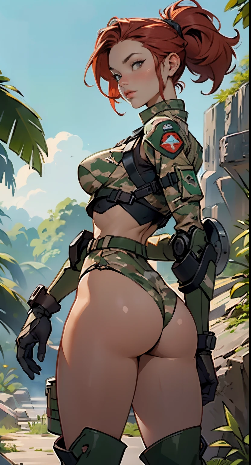 1woman 20 years old, max resolution, crisp lines, sculpted, military, wearing a soldier helmet, beautiful, perfect body, red hair, perfect body, thin waist, wide hips, large breasts, slim thighs, jungle background, armored vehicle, flying fighters, military robot dog, camouflaged uniform, tight panties, head to toe, highly detailed, high resolution, perfect hands, rear view, backside, camo, turning around to see the viewer