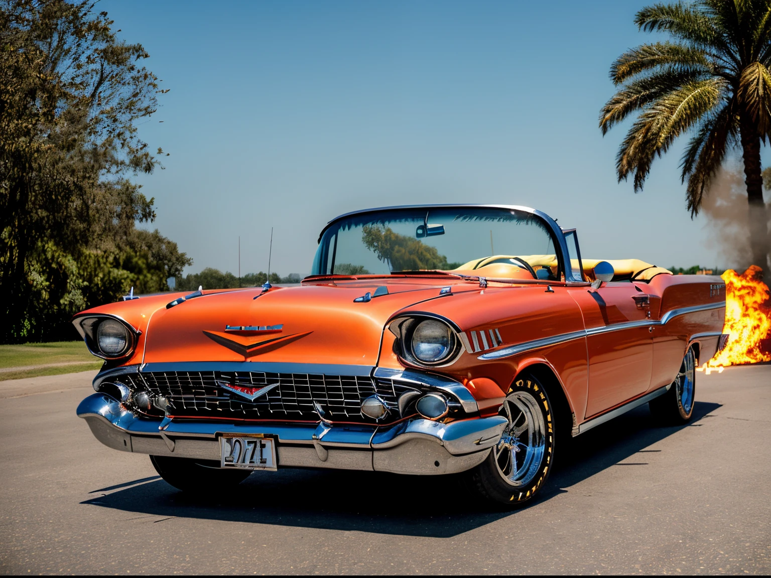 DIAGONAL CAMERA, obra prima, 1959 Chevrolet Bel Air convertible COR de metal prata cromado METALICO reflexivo, a pintura reflete tudo ao seu redor, todo cromado, a pintura reflete a luz do sol, reflexo do brilho da luz na pintura, pintura estupidamente brilhante, has GOLDEN WIDE STAR WHEEL is on fire, tem as rodas traseiras maiores, ridiculously lowered suspension at the front, dentro de uma garagem com paredes ridiculamente brancas, imagem em pose diagonal