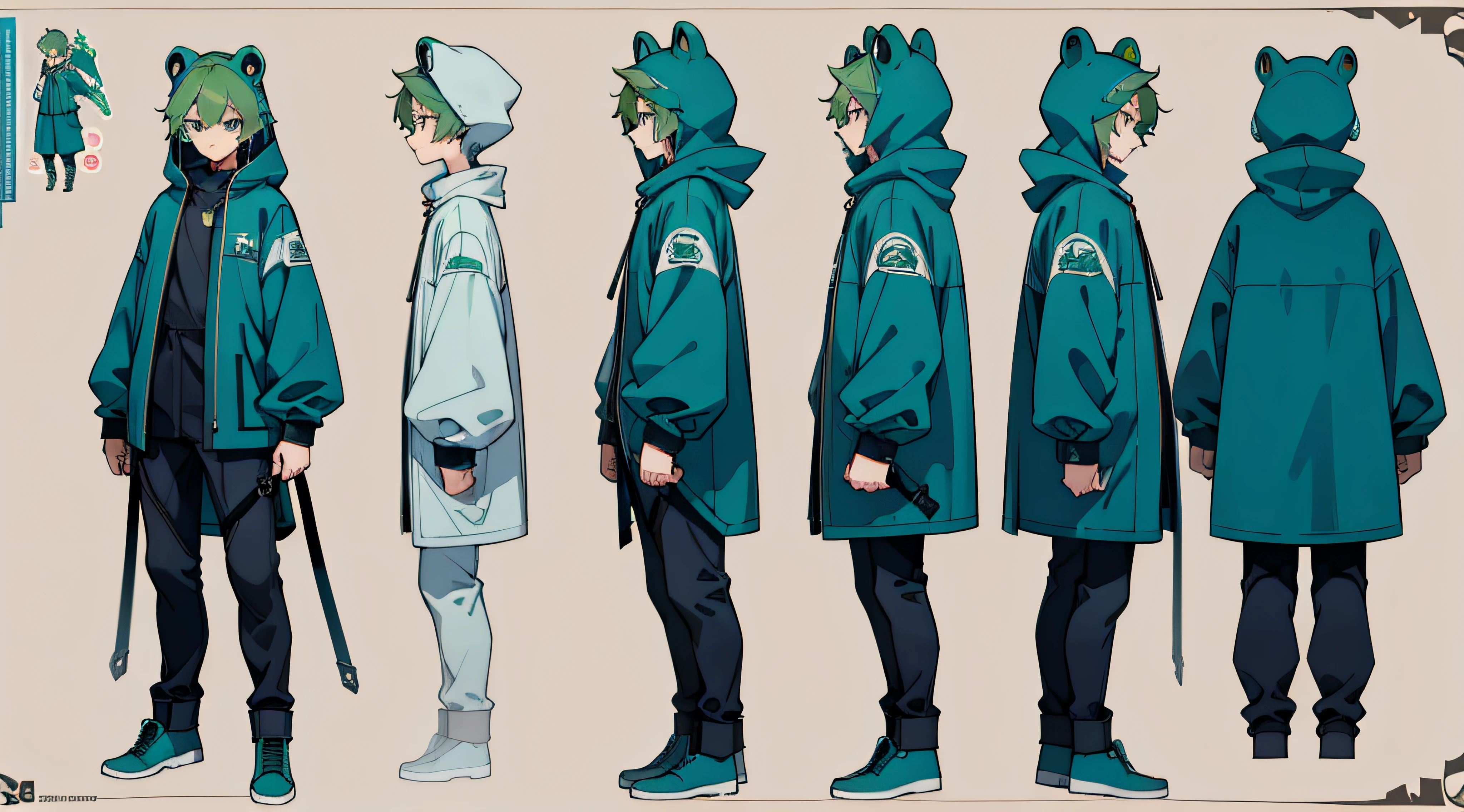 (best quality, masterpiece), 1boy, , cool, standing boy, three view drawing, front and back and side, character sheet, full body, simple background, assault rifle, Handsome man ,Frog Hoodie, Green hair, Blue eyes , A smile ,Face up, Solo