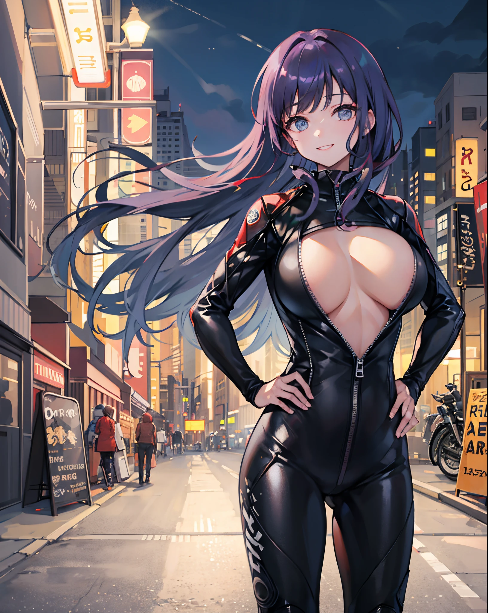 1个Giant Breast Girl, Turbo White Lotus,Large breasts,  hand on hips, light  smile, ((the motorcycle)),Outdoor activities,the night,view over city, neonlight,