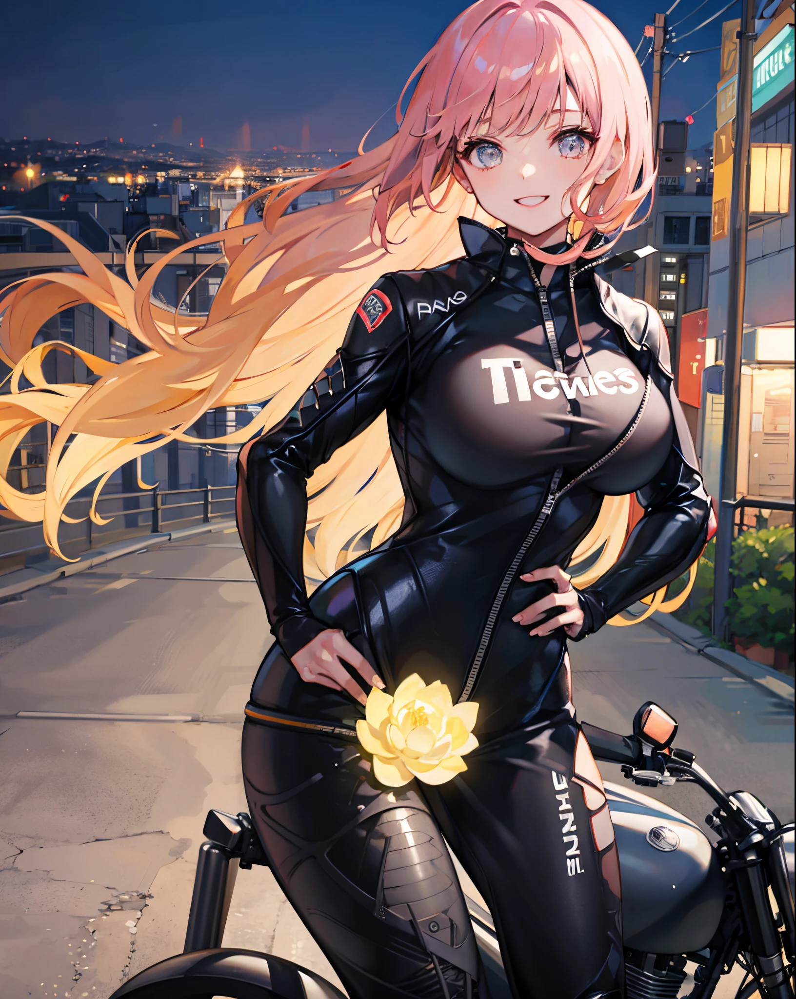 1个Giant Breast Girl, Turbo White Lotus,Large breasts,  hand on hips, light  smile, ((the motorcycle)),Outdoor activities,the night,view over city, neonlight,