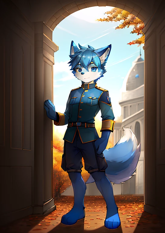 Normal situation (Furry blue fox boy), at the battlefield， Stood up，Facing the camera， ((Cool， Detailed faces, clear big eyes，eBlue eyes，Meticulous details)),  Natural soft lighting, 8K, SFV, Autumn , dispassionate , (furry paw), Wearing a soldier's uniform