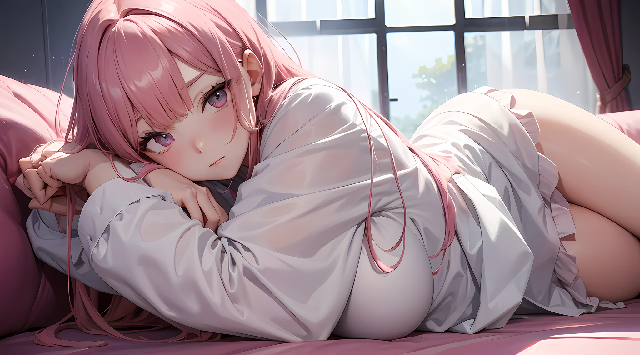 a close up best waifu lay her back on sofa, white shirt, long skirt, long sleeves, pink hair, (full body:0.8), thick red blush on her face,  face, seductive facial expression, looking at viewers, pixiv contest winner, best anime artstyle, extremely detailed, beautiful eyes finely detailed, side lighting.