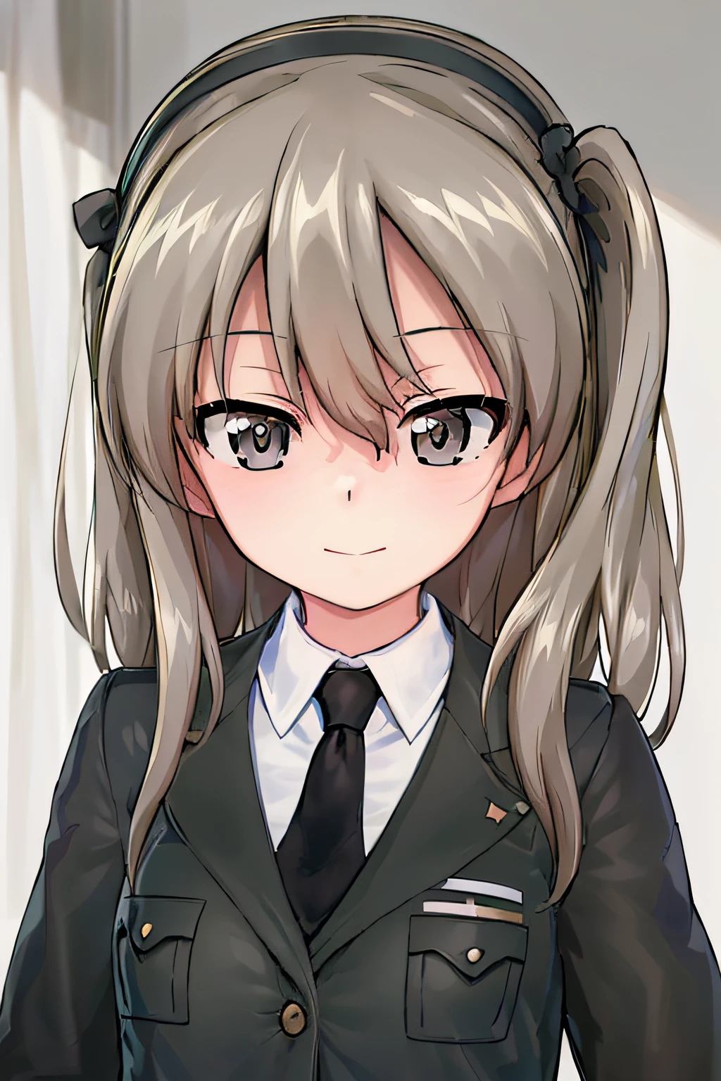 masterpiece, best quality, 1girl, solo, girls und panzer, shimada arisu, hair ribbon, selection university military uniform, black jacket, white shirt, black necktie, expressionless, closed mouth, looking at viewer, green field, blue sky, (portrait)