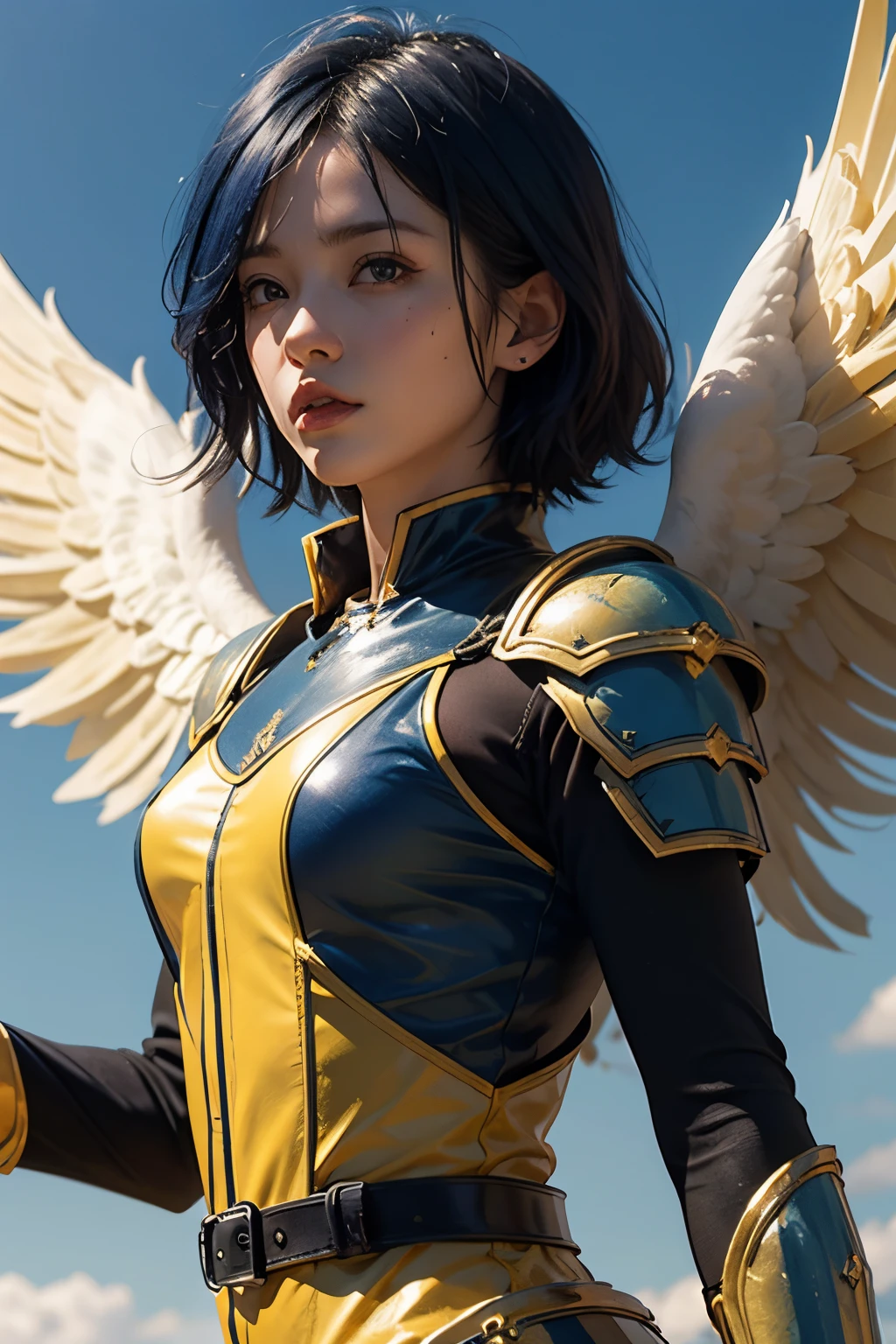 Angel in the sky,dark blue hair,short hair,yellow wing,dark blue and yellow costume and armor