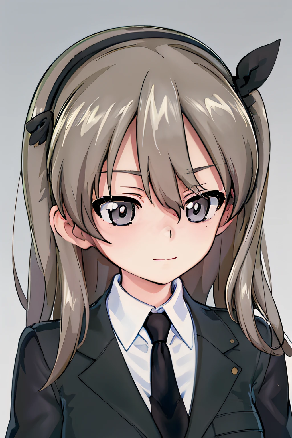 masterpiece, best quality, 1girl, solo, girls und panzer, shimada arisu, hair ribbon, selection university military uniform, black jacket, white shirt, black necktie, expressionless, closed mouth, looking at viewer, green field, blue sky, (portrait)