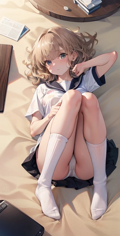 ultra - detailed, A high resolution, (actual, realisticlying: 1.4), 8K, RAW photogr, (On the table), (Best quality at best), physically-based renderingt, college girl, Brown hair long, sandbeach, _The white_The shirt、Skin burns、brownish colors、loose socks、Panchira、spread their legs