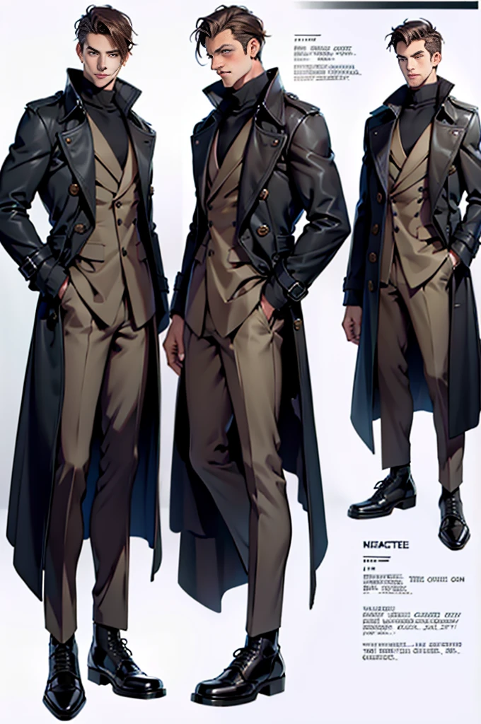 reference sheet:1.8,super detailing,high high quality,tmasterpiece,a tall boy,Handsome face,Big black trench coat,trouser,Martin boots,American style,commerce,Cunning