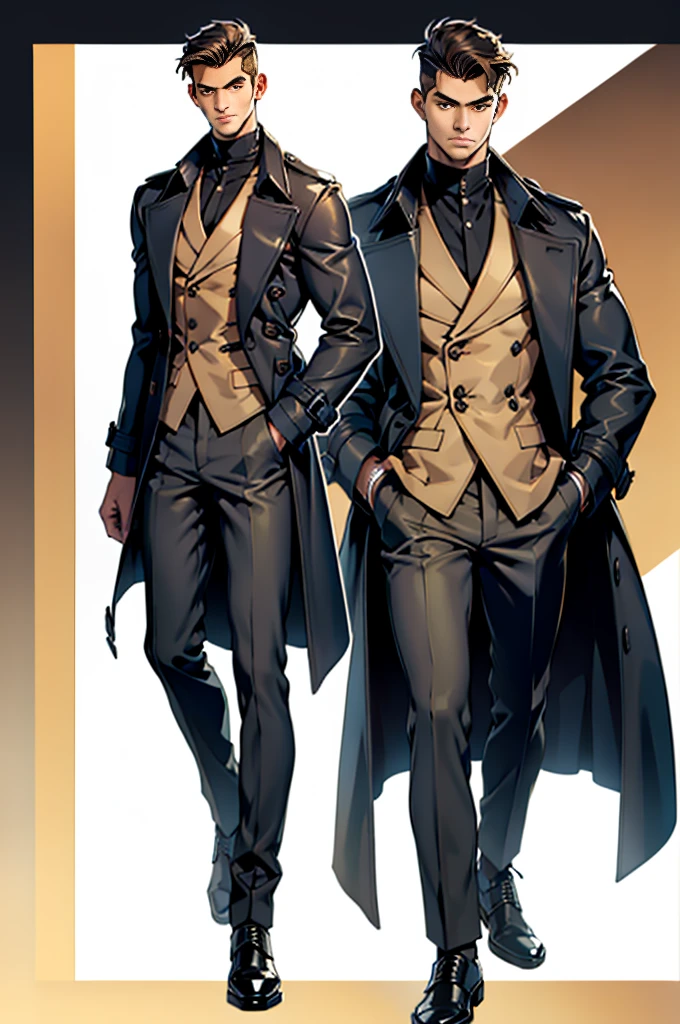 reference sheet:1.8,super detailing,high high quality,tmasterpiece,a tall boy,Handsome face,Big black trench coat,trouser,Martin boots,American style,commerce,sly