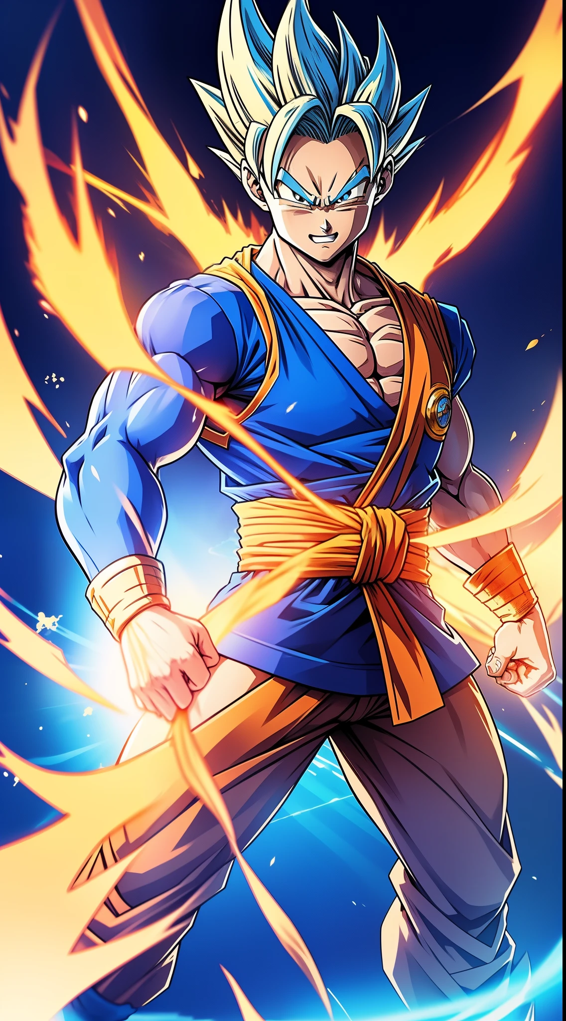 dragon ball style,(and draw the full body),Forward oblique upward view,Eyes are light blue, Goku Hair,Smiling, Orange Kempo Suit, Torn Kempo Suit,(full bodyesbian),He is in a Kamehameha stance,Blue plasma is scattered,Krillin is dead at his feet