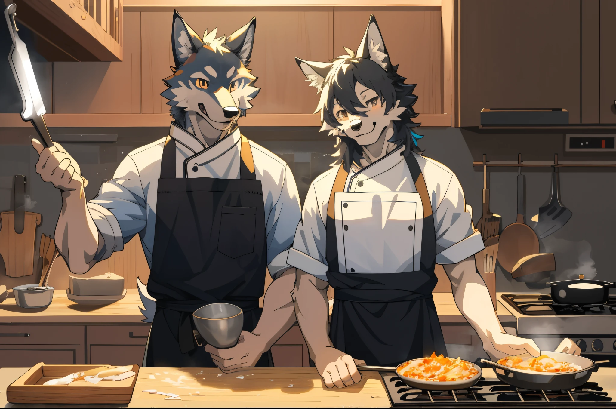 (masterpiece, 4K, ultra detailed), wolf furry, single, dark gray fur, white belly fur, messy haircut, masculine, blue sky, meadow, grill, muscular, shy, anime, teenage, red apron, naked, cumshot, load of cum, dark penis, balls, blue eyes