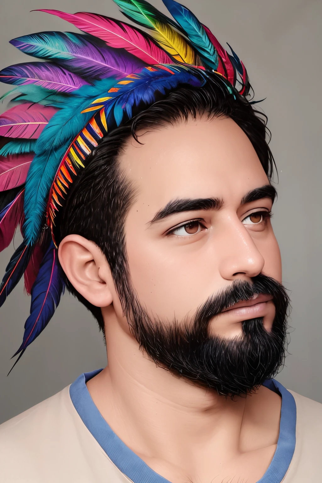 a-man-with-colorful-feathers-on-his-head, vibrant-paintings, detailed-portrait, high-res, vivid-colors, studio-lighting, realistic-style, sharp-focus, professional, artistic-expression, bokeh