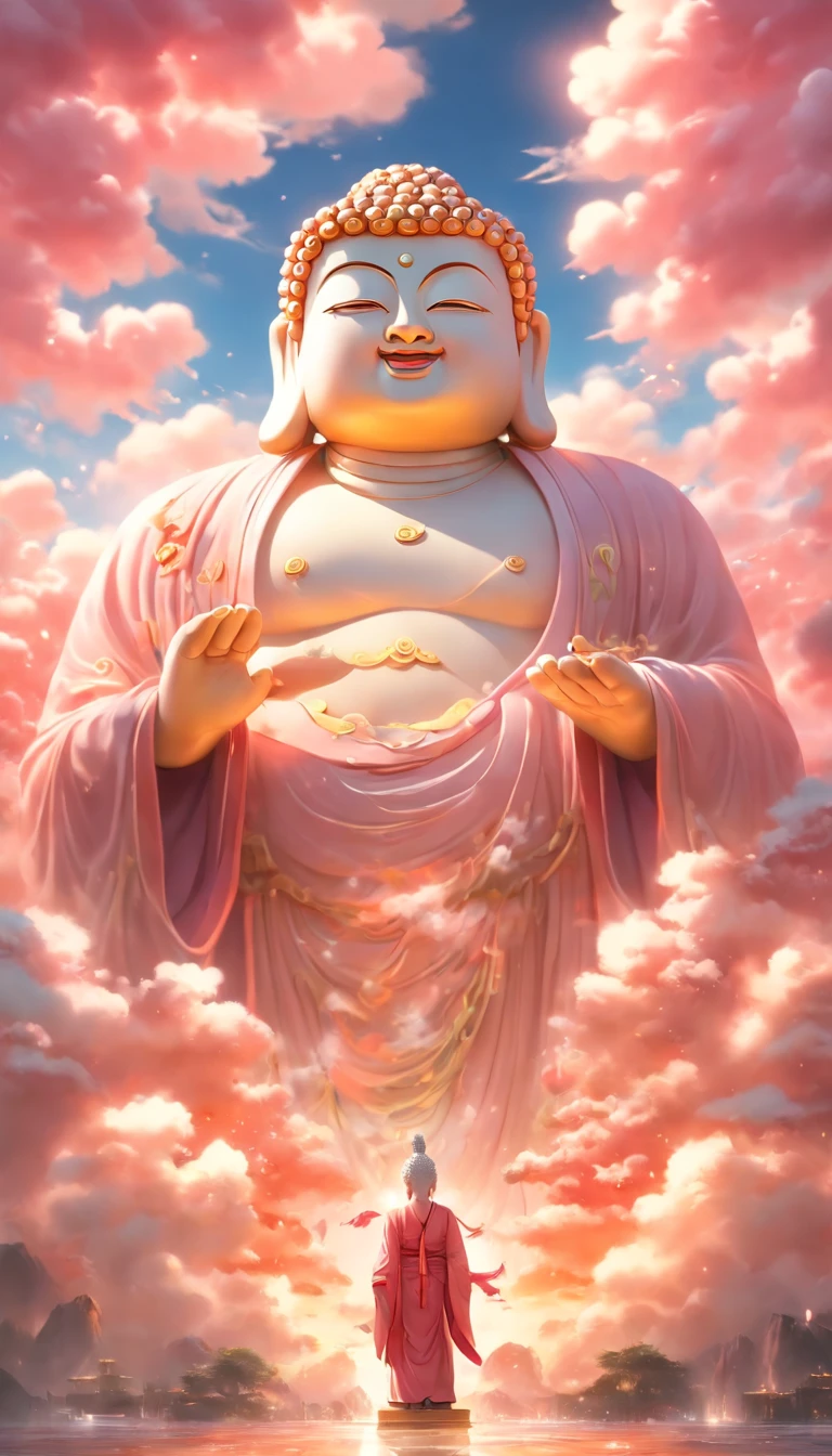 ((tmasterpiece))，(Best quality at best))，Chinese style，In heaven, The clouds form a huge transparent and luminous white jade Maitreya Buddha statue，Thick clouds，Sunlight shines，Pilgrims on the road，hyper realisitc，ultra real photo，Pink，8K，k hd，high high quality，Works of masters，ultradetailed，（（（Overclocked renderer）））