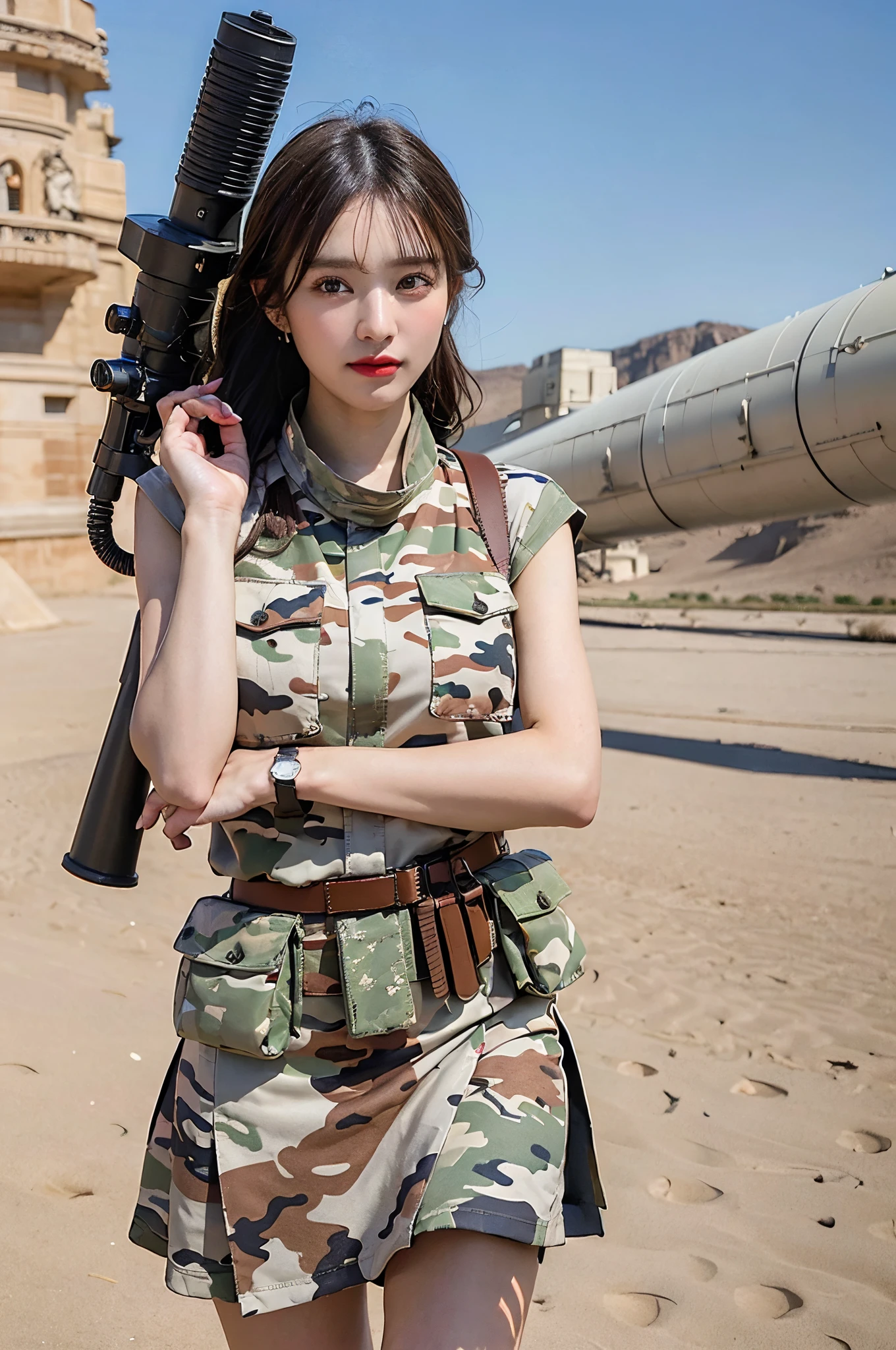 1girl in, magnifica, Elegant colors, (realisitic, High Details, masterpiece, ultra-detailliert, dynamic ungle, magnifica, 电影灯光, illustratio, Chiaroscuro, Back lighting, God Light, Netherlands, top-quality, top-quality, Wearing a tight desert camouflage vest, Wearing a short skirt in desert camouflage, Good looking pose, a belt, Wearing a military watch, Desert camouflage and armored car on background, digitial painting, ighly detailed, ultra-quality, professional photograpy, 8K、Ulutra HD、desert background、Authentic skin texture、Normal intact fingers、correct facial features、Clear focus、Eye-catching lighting、blue open sky、Set up a bazooka