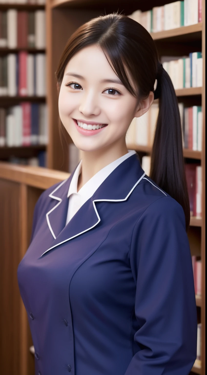 poneyTail、The face is a hostess、Dress is nurse uniform、hiquality、A hyper-realistic、healthy、Smiling expression、Slender perfect figure、Japan beauties、beautidful eyes、face perfect、Beautiful skin、The background is the library、up of face