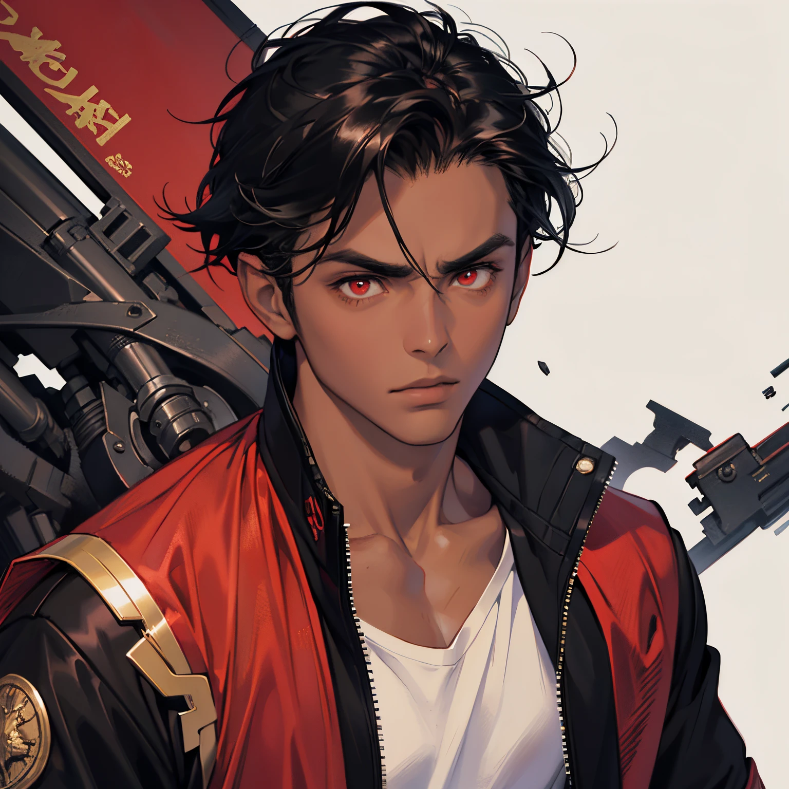 1boy, best quality, detailed face, detailed eyes, dark-skinned male, black hair, medium hair, red eyes, serious, red jacket, black shirt, short sleeves, muscular male, simple background