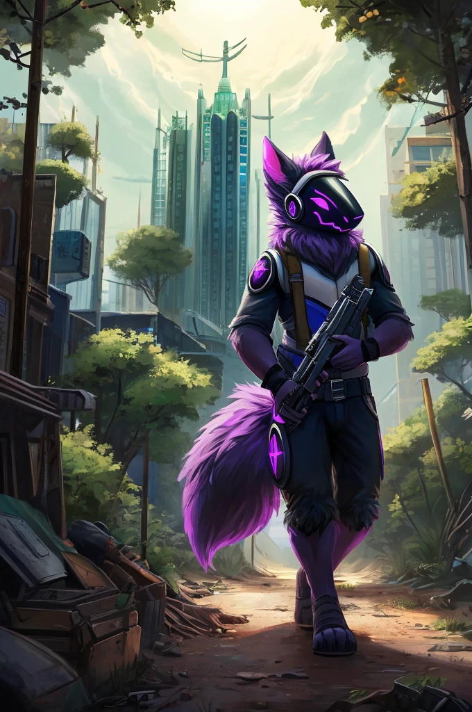 Protogen, furry art, masterpiece, great anatomy, black fur, neon purple body details, detailed background, fluffy tail, male, nature everywhere, green areas, bushes, plants, trees, roots, solo, city, big buildings, detailed illumination, apocalypse, colapsed city, carrying a backpack, holding a gun.