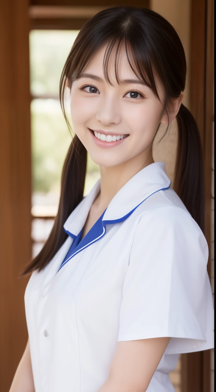 poneyTail、The face is a hostess、Dress is nurse uniform、hiquality、A hyper-realistic、healthy、Smiling expression、Slender perfect figure、Japan beauties、beautidful eyes、face perfect、Beautiful skin、The background is the library、up of face