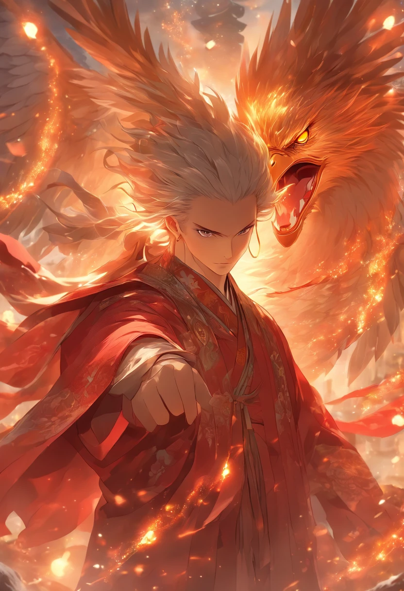 (tmasterpiece), (Best quality), Cinematic quality,Rendered by Octane,Ultra-detailed details,1 boy,Cool action,Wearing ancient Chinese Hanfu,(Ancient Chinese Formation:1.2),energy surround,voldemort,light particle fluid,Fairy air fluttering,Luminous magic circle,Summon ancient beasts,huge eagle,