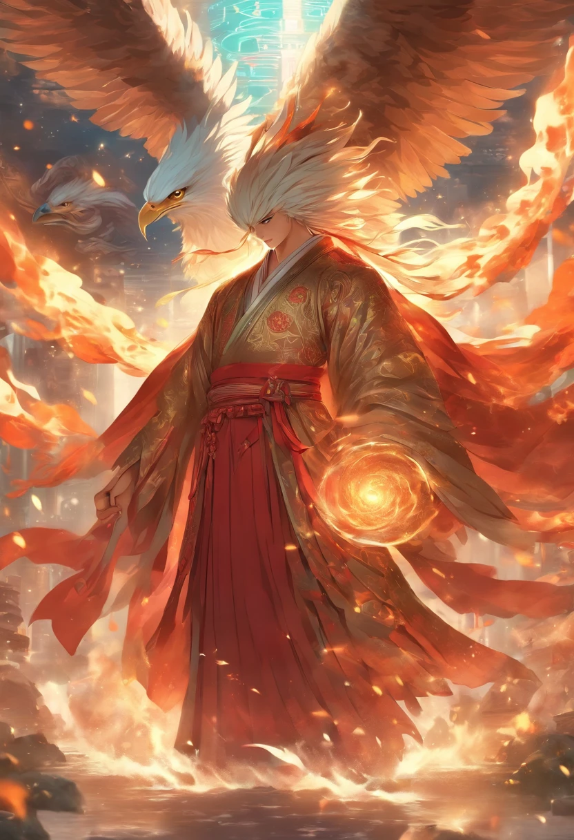 (tmasterpiece), (Best quality), Cinematic quality，Rendered by Octane，Ultra-detailed details，1 boy,Cool action，Wearing ancient Chinese Hanfu，(Ancient Chinese Formation:1.2),energy surround，voldemort，light particle fluid，Fairy air fluttering，Luminous magic circle，Summon ancient beasts，huge eagle，