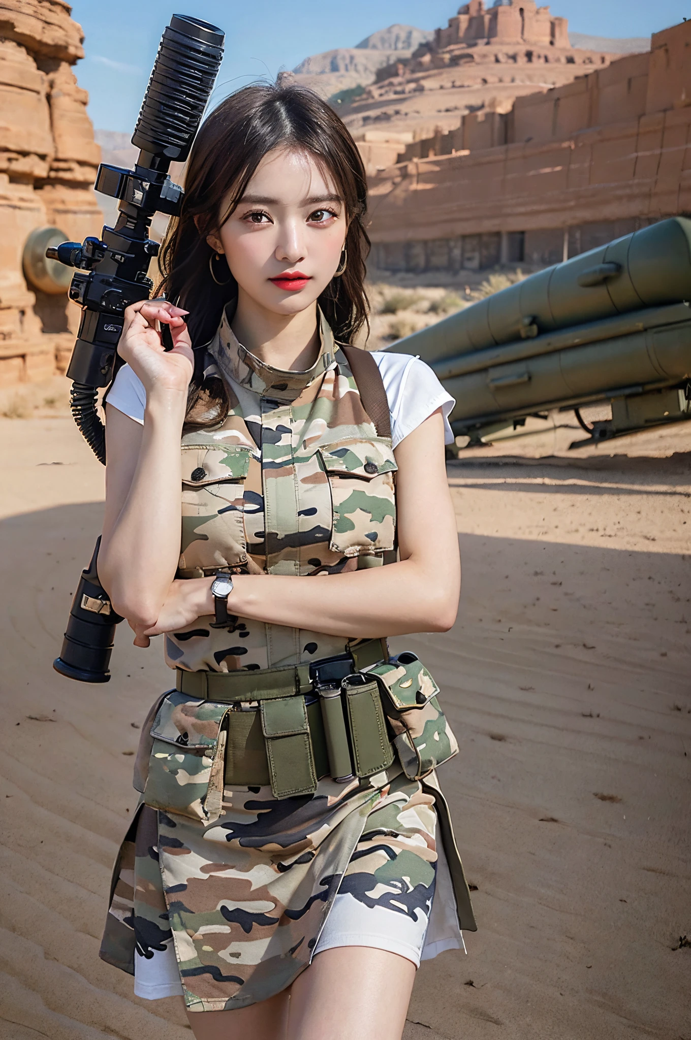 (masterpiece, ultra-detailed, ultra-realistic, best quality, clear focus, photorealistic), (ultra-high resolution, 8k:1.3), cinematic color-grading film, dramatic scenes, shadow, global-illumination, perfect anatomy, perfect face, (detailed face skin texture, detailed eye:1.3), (20 years old Japanese beautiful punk rock girl:1.2), (blonde hair:1.3), (Experienced paratroopers:1.3), professional light, soft light, (boyish cool Japanese face:1.3), (Fully equipped for battle:1.4), (m4a1 large assault rifle:1.4), (standing in front of a large military transport plane with camouflage color:1.3), (wearing a soldier's outfits with parachute on her back:1.2), (Strong willed expression:1.2), (afraid:1.4), slim waist, (military helmet), tactical vest, military harness, face focus,