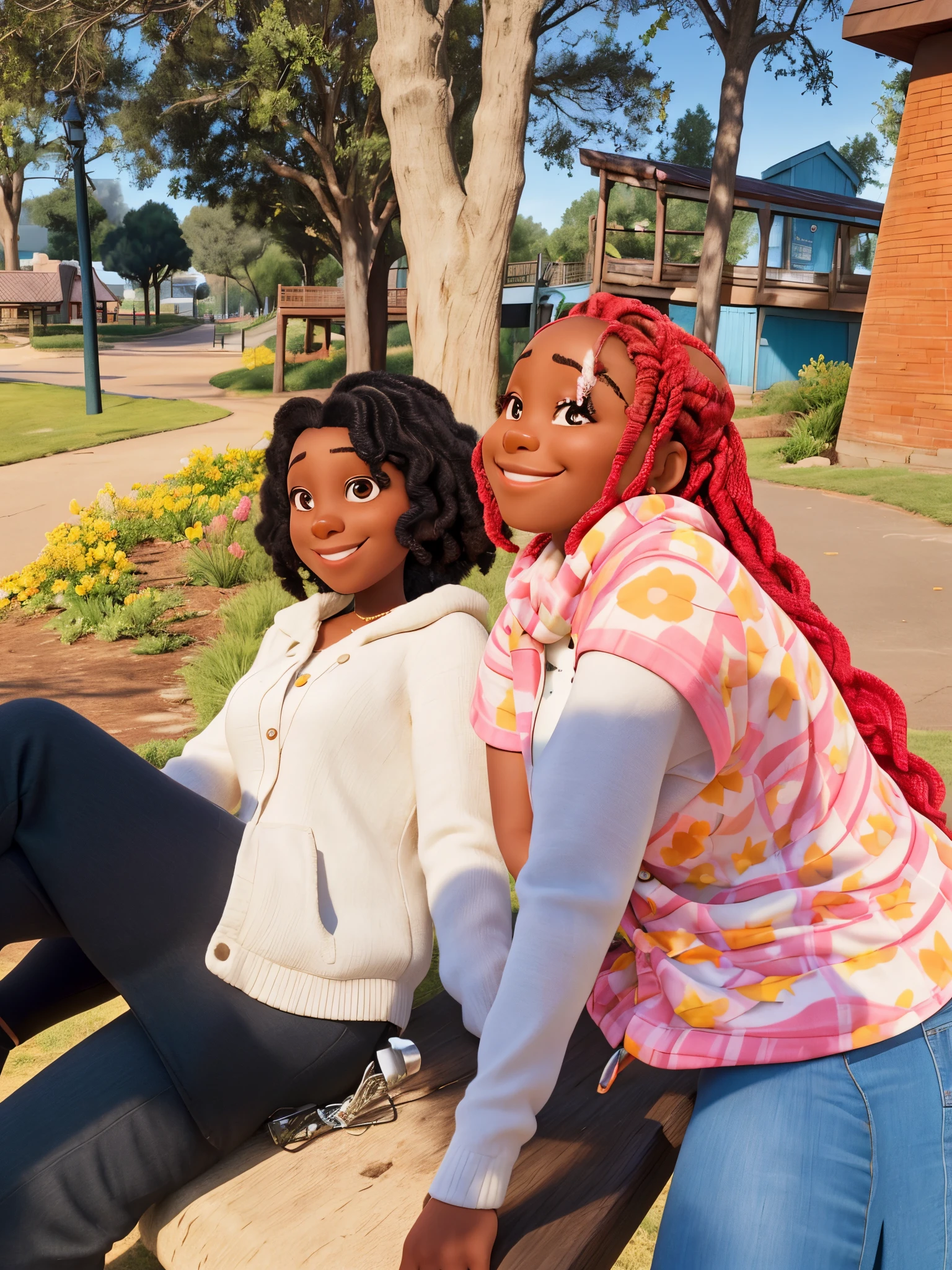 there are two black women sitting on a bench together smiling, taken in the early 2020s, photo shoot, on a bright day, on a sunny day, photoshoot, sisters, bright sunny day, at the park on a beautiful day, beautiful girls, having a great time, older sister vibes, having fun in the sun, smooth in _ the background