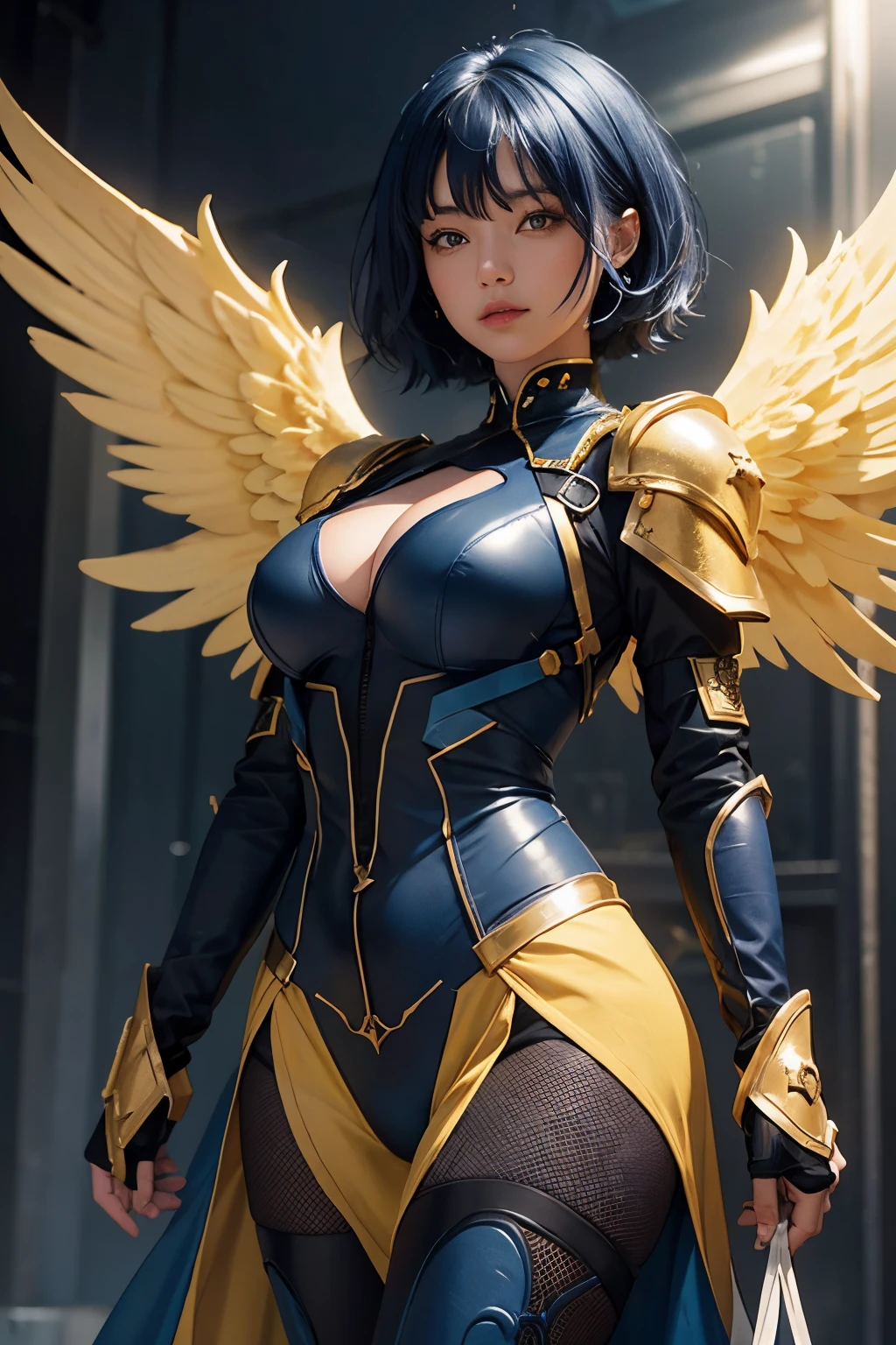 Angel in the sky,dark blue hair,short hair,yellow wing,dark blue and yellow costume and armor