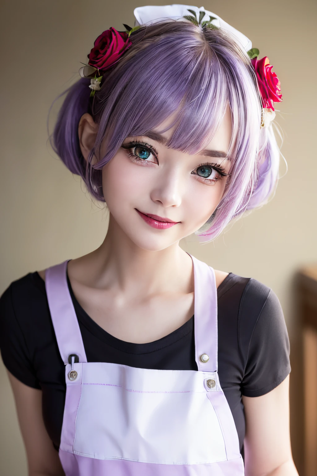 ((best quality, 8K, masterpiece)), ultra detailed, sharp focus, 1 cute girl, ((red polar apron:1.4)), (light purple hairr, updo:1.4), (blouse: .4), highly detailed face and skin texture, ((detailed eyes)), ((beautiful eyes:1.4)), (smile:1.15), (closed mouth), genshinnoelle, noelle, braid, flower, hair flower, hair ornament, short hair, silver hair