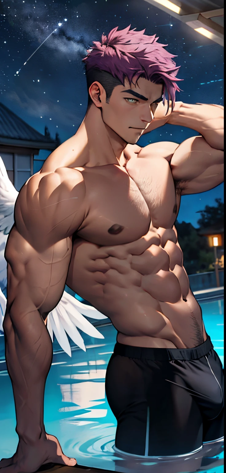 (masterpiece, best quality),Muscular and robust ,musculous，Raised pectoral muscles，Abs，Soar among the stars，Air，flight，Fly in the air，Floating ice cubes，Golden feathered wings,Male children,nakeness,Kid's face，infancy,Kid's face,Abdominal hair,Chest hair,pubes，Blue-purple briefs，nakeness,Flat chin,Blue-purple belly hair,Blue-purple chest hair,Blue-purple pubic hair,Flat chin,Fine face in detail,White men's briefs,musculous,pink short hair,Bright Hair,White eyes,Keep your eyes wide open,nakeness,White briefs,White briefs,Pectoralis abdominal muscles,Strong and well-developed muscles,bright,Bright and vivid colors,(depth of fields:1.2),Positive audience,looking at viewers,the night, extremely muscular