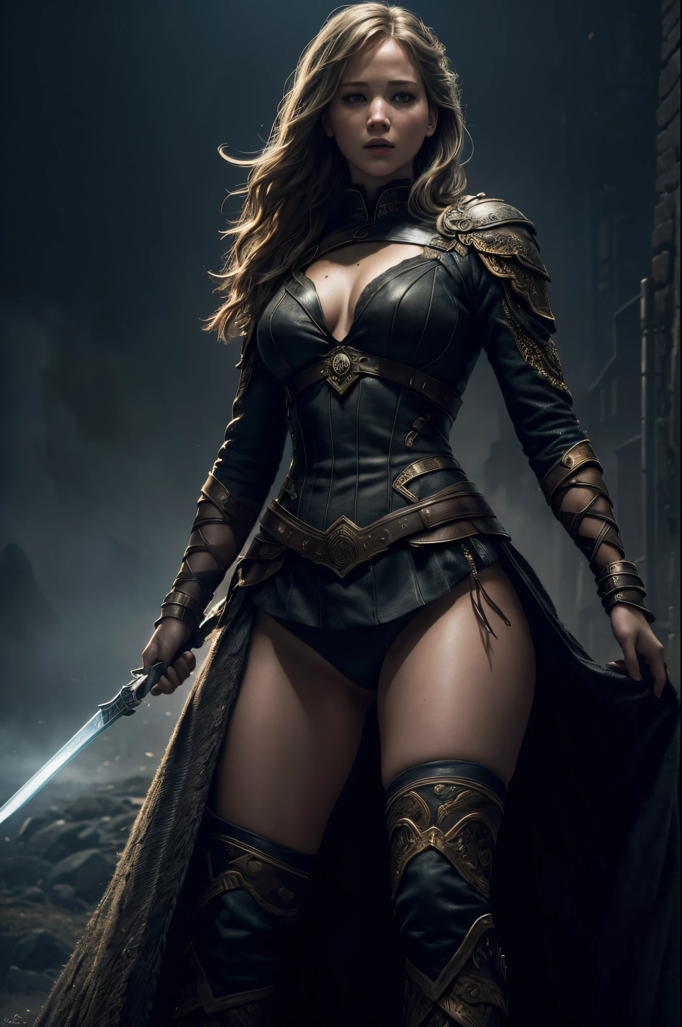 Jennifer Lawrence, halfway down the thighs portrait, erotic pose, (a woman:warrior), dress, night, cinimatic light, dark background, (foggy background, epic realisticm rutkowski, hdr, intricate details, hyperdetailed, cinematic, rim ligt, muted colors:1. 2), UHD, 8K, details