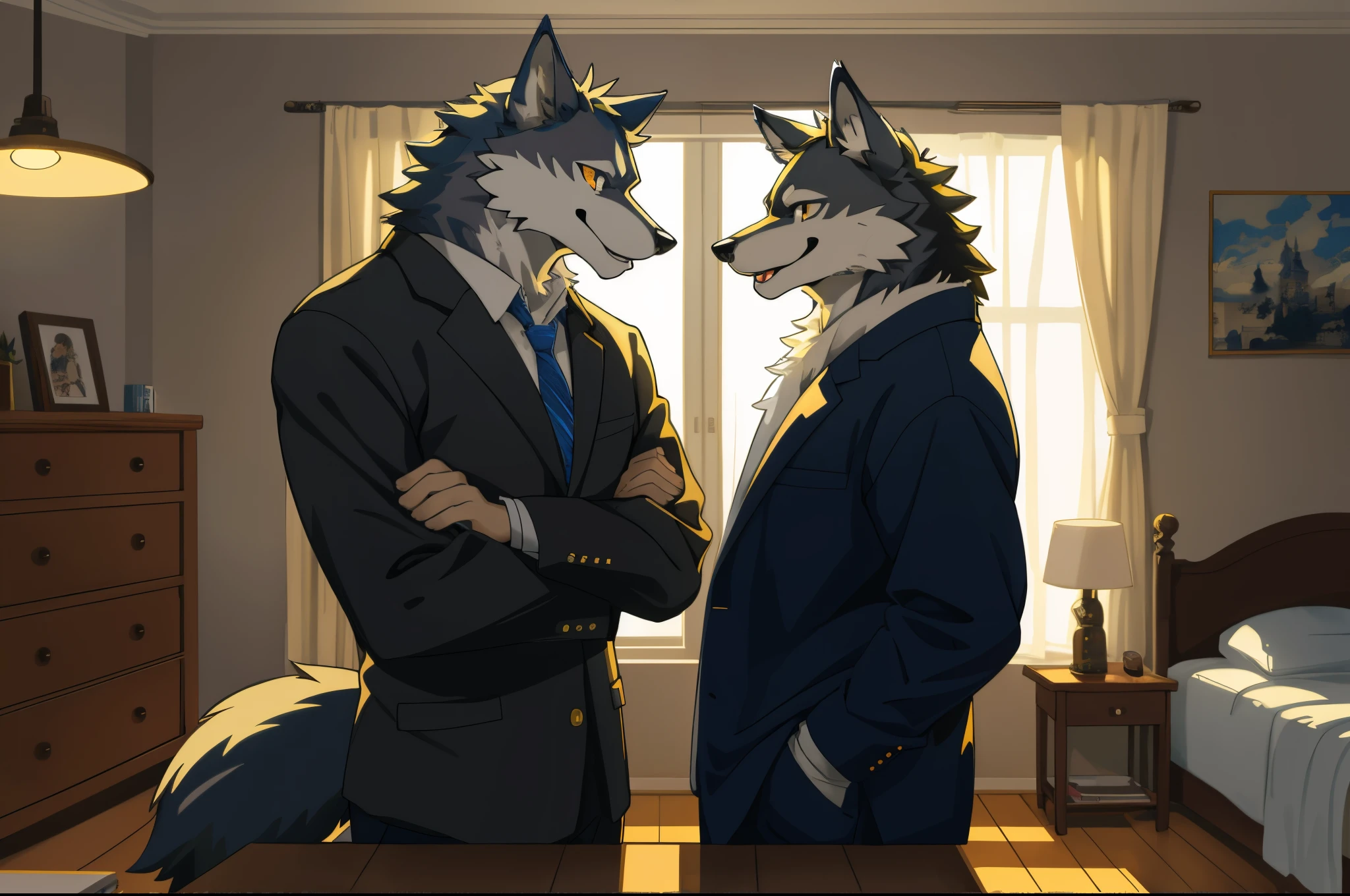 cover page, anime key visual, highres, top quality, best quality, paid reward available, High-quality illustrations, unparalleled masterpiece, perfect artwork, absurdres(home video, joyful wife, wolf husband)in house, in room, smile, happy, perfect anatomy, fan-created work shared on platforms Pixiv or Twitter, cinematic lighting,