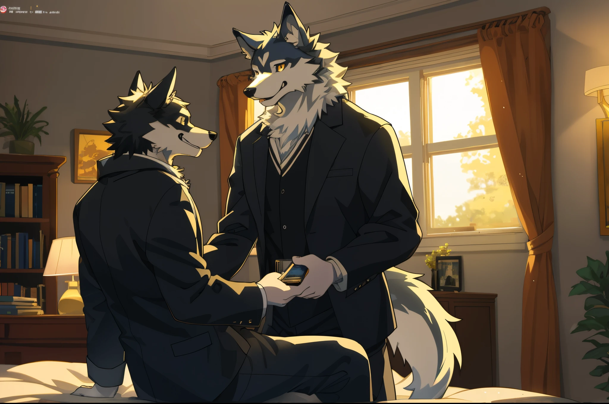 cover page, anime key visual, highres, top quality, best quality, paid reward available, High-quality illustrations, unparalleled masterpiece, perfect artwork, absurdres(home video,  joyful wife, wolf husband)in house, in room, smile, happy, perfect anatomy, fan-created work shared on platforms Pixiv or Twitter, cinematic lighting,