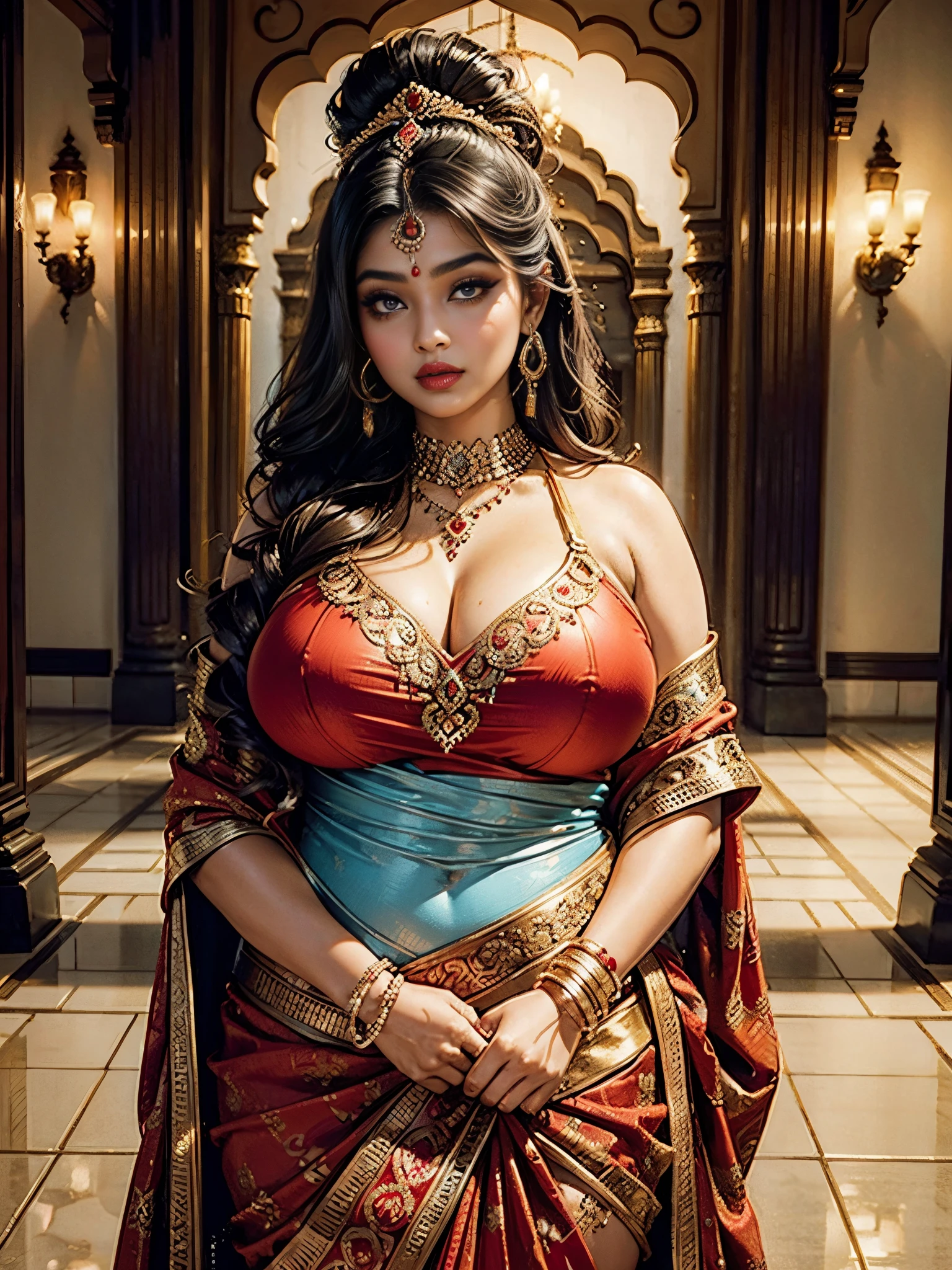 A beautiful Indian lady , fat indian lady , beautiful, cute , hot , make up looking, red lipstick, beautiful two eyes , open hair . Hair is outstanding, fat lady . Big boobs, big breasts , oily skin, fair skin tone , . indian lady , lady . , wearing nothing। Standing