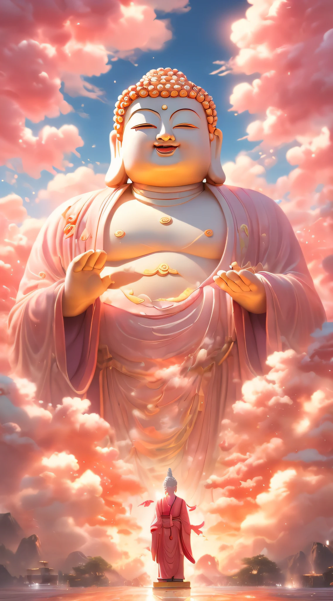 ((tmasterpiece))，(Best quality))，Chinese，in heaven, The complete clouds of fingers form a huge transparent and luminous white jade Maitreya Buddha statue.，Thick clouds，The sun shines，Pilgrims on the road，hyper realisitc，ultra real photo，Pink，8K，k hd，high high quality，Works of masters，ultra - detailed，（（（Overclocked renderer）））