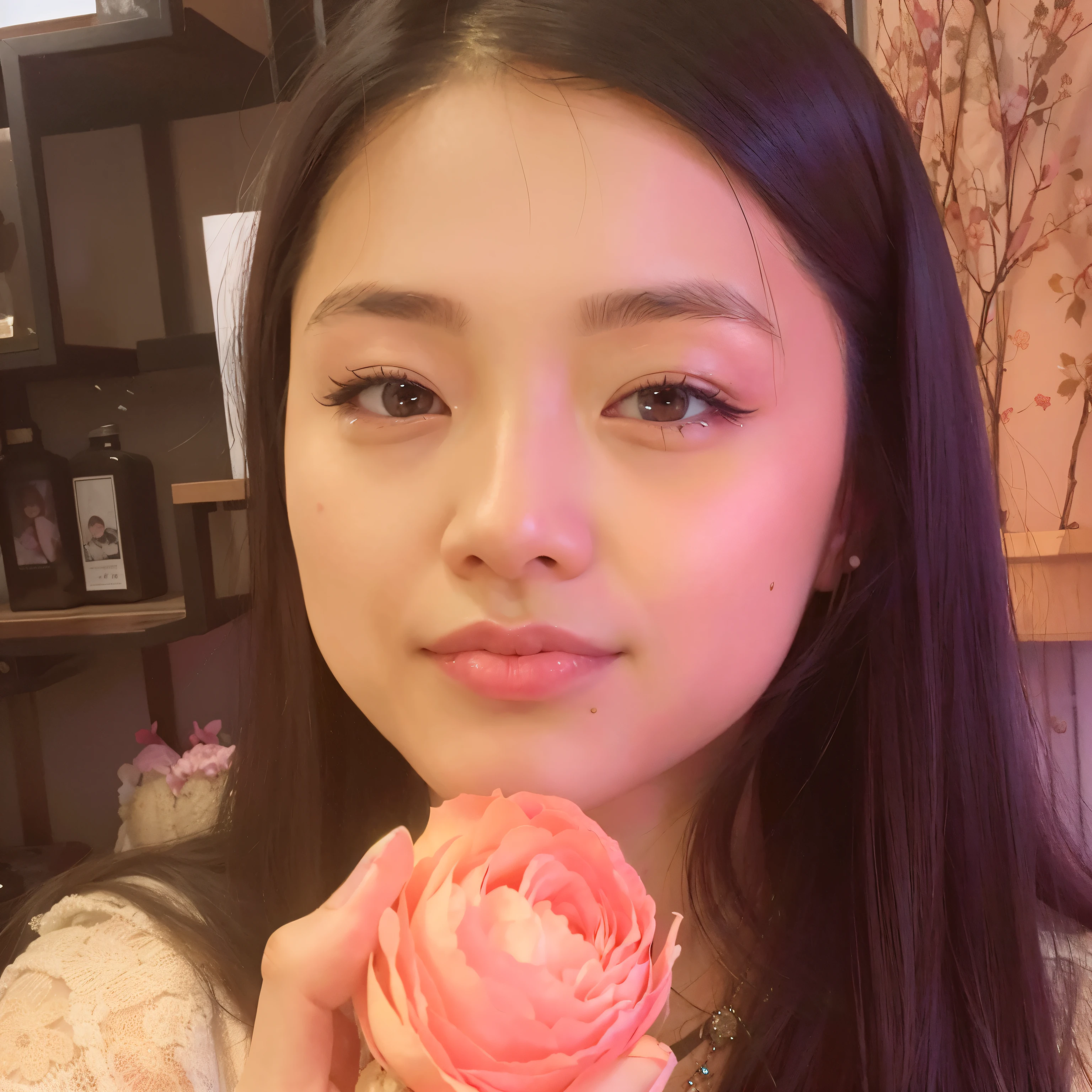 There is a woman holding a pink flower in her hand, blackpink jennie, xintong chen, Xision Wu, yanjun chengt, louise zhang, qifeng lin, wenfei ye, Young cute asian face, Nivanjantala, young asian girl, with a round face, lulu chen, chengyou liu, wenjun lin, Cute Korean face