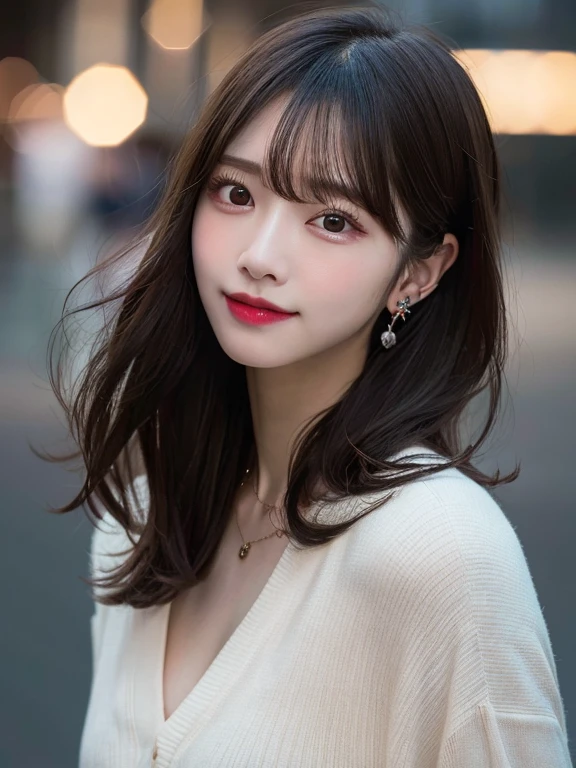 Top Quality, Realistic, 8K, Solo, Smile, Masterpiece, One Girl, Bokeh, Depth of Field, Professional Lighting, High Resolution, Gorgeous, Bangs, Lens Flare, Cute, Photorealistic : 1.37, Earrings, RAW Photography, Absurdity, Watching Viewer, Skindentation, Female, Full Body, Masterpiece: 1.2, Portrait: 0.6, Necklace, pureerosface_v1,　skinny, dynamic pose, mole, floating hair, lips