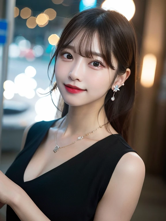 Top Quality, Realistic, 8K, Solo, Smile, Masterpiece, One Girl, Bokeh, Depth of Field, Professional Lighting, High Resolution, Gorgeous, Bangs, Lens Flare, Cute, Photorealistic : 1.37, Earrings, RAW Photography, Absurdity, Watching Viewer, Skindentation, Female, Full Body, Masterpiece: 1.2, Portrait: 0.6, Necklace, pureerosface_v1,　skinny, dynamic pose, mole, floating hair, lips