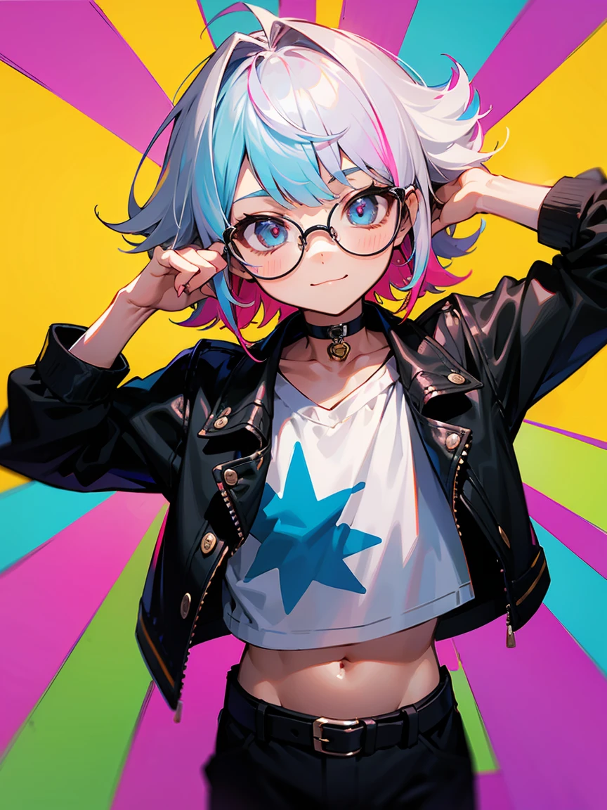 (Male child, eye glasses,A smile, silber hair)、独奏、jaket、Black jacket、Iridescent background、a choker、razor、Leather jacket、O cabelo multicolorido、cowboy shot、Color Inner Hair、bangss、White shirt、Fluffy clothes、Two-tone、Viewer's Perspective、is standing、a closed mouth、A pink-haired、Hand up、croptop、sideways Facing