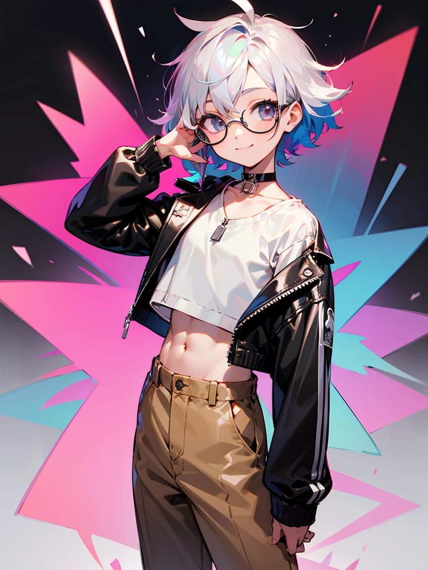 (Male child, eye glasses,A smile, silber hair)、独奏、jaket、Black jacket、Iridescent background、a choker、razor、Leather jacket、O cabelo multicolorido、cowboy shot、Color Inner Hair、bangss、White shirt、Fluffy clothes、Two-tone、Viewer's Perspective、is standing、a closed mouth、A pink-haired、Hand up、croptop、sideways Facing