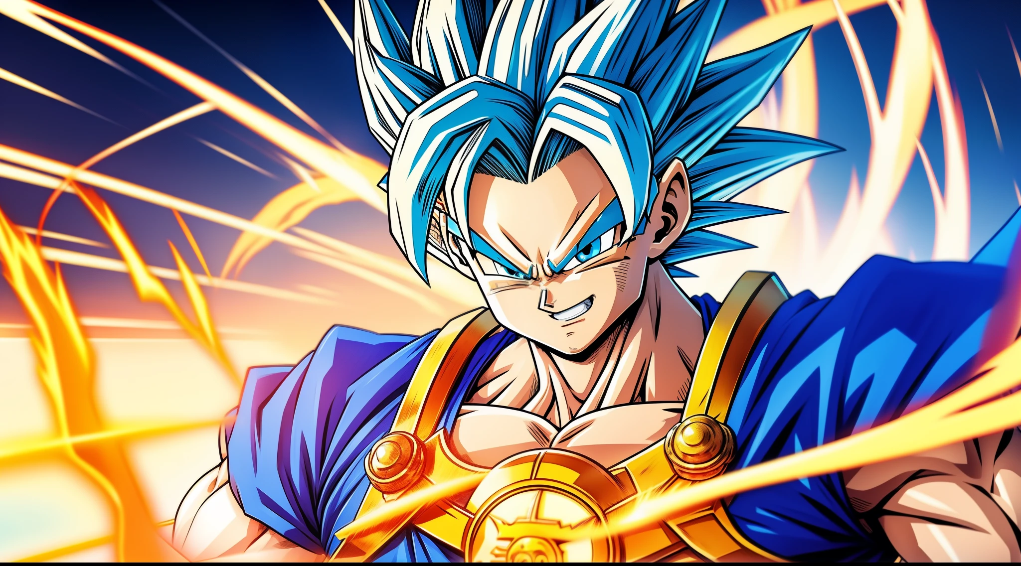 dragon ball style,Ready,Eyes are light blue, Goku Hair,Smiling, Doshi, Marugame logo on street clothes,Drawing the whole body,Kamehameha is hitting the waves,