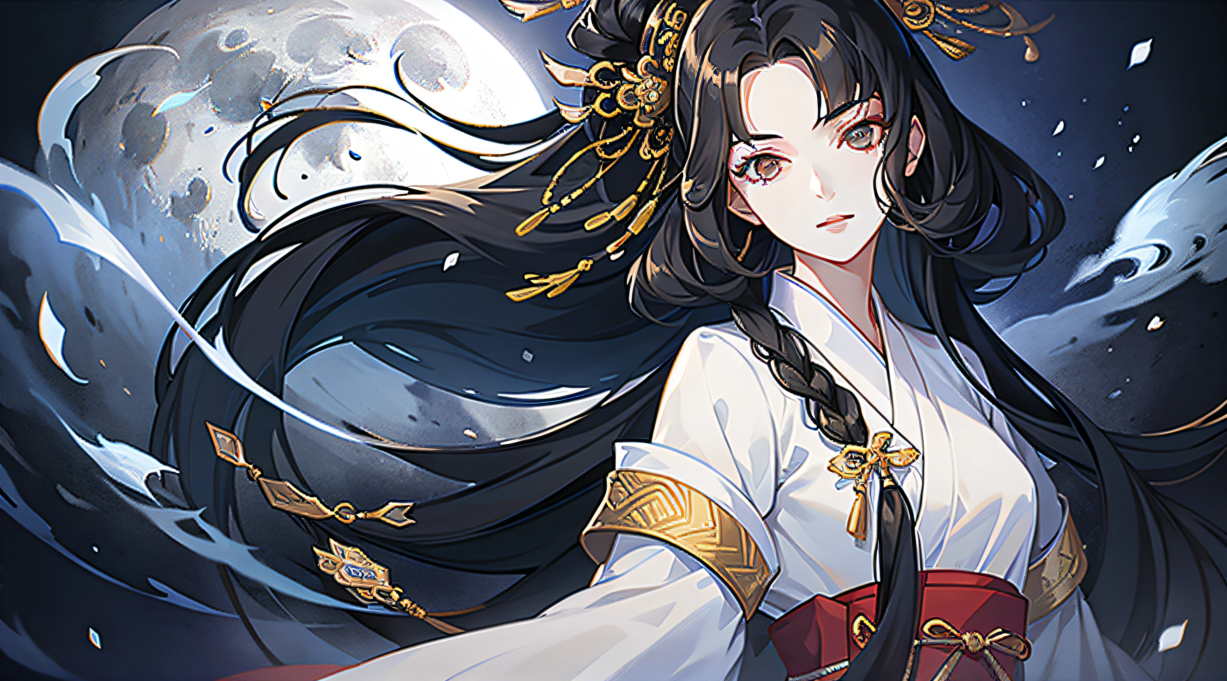 offcial art，tmasterpiece，Best quality，The content is very detailed，Hanfu girl，background moon,。girl with long black hair，black color hair，cabelos preto e longos，A Lot of Hair，Black hair falling。white  clothes，white hanfu。pretty eyes，Nice face，Detailed face rendering，A bright moon hangs high in the sky，xianxia, delicated face，Nice face，Face portrait。