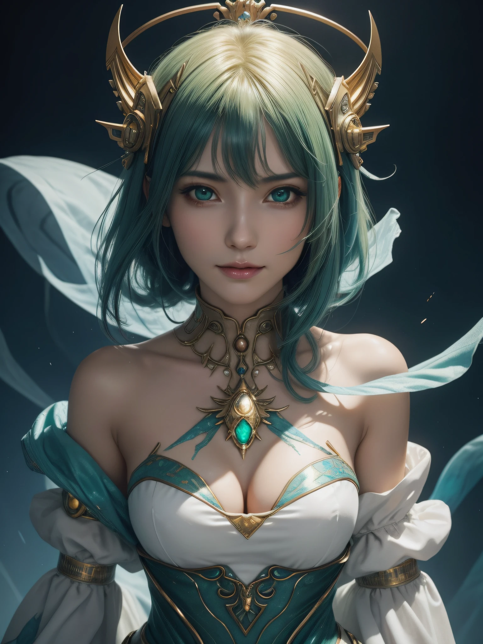 hightquality、8K、Ulutra HD、fullllbody、1 16 years old　Beauty woman、Gentle smile、Rich facial expressions、white dress、beauty legs、randome pose、Golden hair、Her eyes are emerald green、spotlight on face、mechanical stage costumes、(The background is Alien City、Sci-Fi Isekai)、rays of moonlight、cute little、Beautiful fece、portlate、art by:Alberto Seveso、Abstract art style、Complex and intricate watercolor painting 、digitial painting、concept-art、Volumetric lighting、TanvirTamim、metal reflective、2d render、Art Germ、Trending on ArtStation