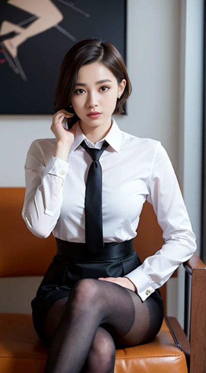 The face is :9,1714884241], Elegant upper class elite secretary wearing business shirt, sit on chair，working in an office、Wearing a smart business suit, (Wear pantyhose)、(Short layers of hair)、crossed legs, Wear high-end high heels、 (stockings and skirt), Girl in shirt, dressed in a suit, dressed in a suit, dressed in a suit, merchant, business clothes, wearing black suits, Wear a shirt and skirt, Woman in a suit, Professional Dress, Business attire, RAW photogr, (8K、top-quality、tmasterpiece:1.2)、(intricately details:1.4)、(真实感:1.4)、octane renderings、Complex 3D rendering hyper-detail, Studio soft light, Edge lights, vibrant detail, super detailing, realistic skin textures, Detail making, beatiful detailed eyes, Very detailed CG Unity 16k wallpaper, Makeup - Makeup, (detailedbackground:1.2), Bare thighs!!!,
