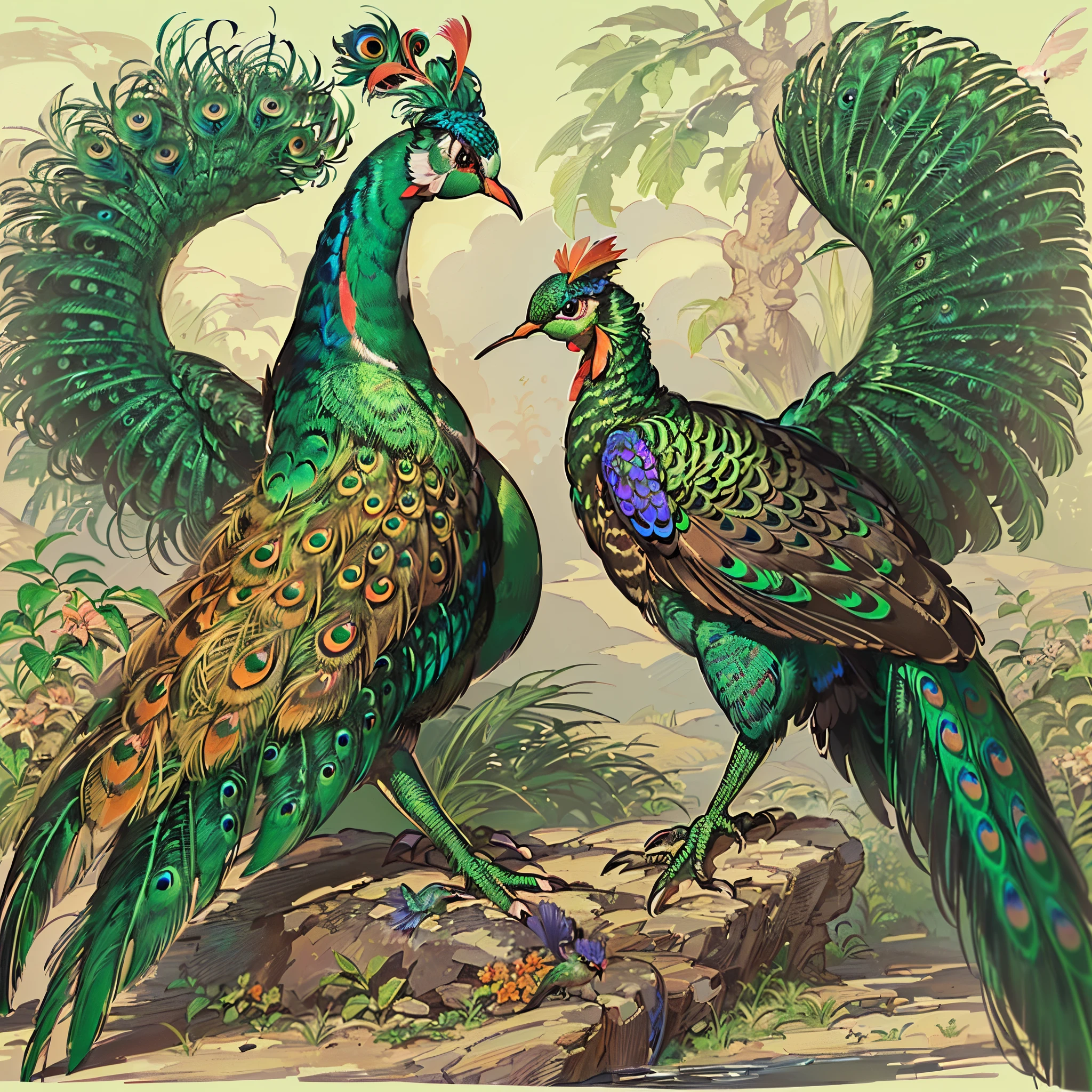 Animal anatomy,master piaces,beactiful detailed of the bird,((Animal designs reference male peacocks and wild pheasants,Bright long tail feathers,Impressive color combinations:1.3)),This is an illustration depicting birds and animals,((legendary animal,Slender and elegant body,Elongated neck,Large and long tail feathers:1.2)),((Mixed rooster's comb,Peacock feathers,eagle claws,hummingbird beak,A Chimera with a mixture of characteristics:1.3))